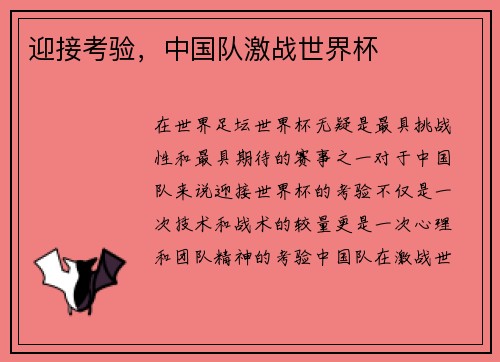 迎接考验，中国队激战世界杯